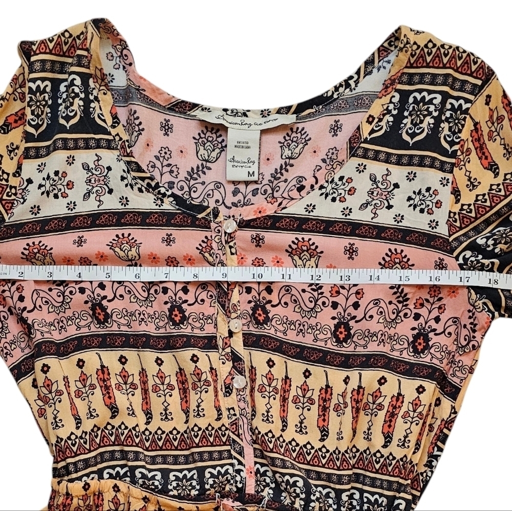 American Rag Long Sleeve Romper Boho Pink Peach Floral Print Festival Sz Medium - Picture 7 of 10